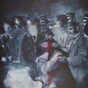 Roman Träxler, Die Mensur, Acrylique sur toile, 160 x 190 cm (63 x 74,8 in)