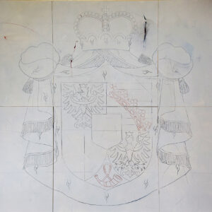 Roman Träxler, Wappen Liechtenstein (Serie Ausmalbilder), Mixed Media sur bois, 240 x 160 cm (94,5 x 63 in)